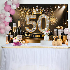 Lofaris Gold Crown 50th Happy Birthday Backdrop, Champagne Gifts Diamond Number Black Gold Party Background