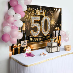 Lofaris Gold Crown 50th Happy Birthday Backdrop, Champagne Gifts Diamond Number Black Gold Party Background
