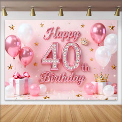 Lofaris Pink Balloons 40th Happy Birthday Backdrop, Gold Stars Crown Gifts Diamond Number Party Background