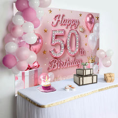 Lofaris Pink Balloons 50th Happy Birthday Backdrop, Gold Stars Crown Gifts Diamond Number Party Background