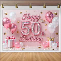 Lofaris Pink Balloons 50th Happy Birthday Backdrop, Gold Stars Crown Gifts Diamond Number Party Background