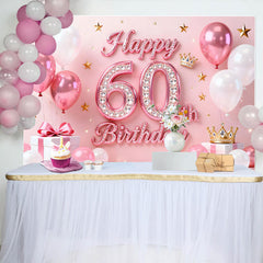 Lofaris Pink Balloons 60th Happy Birthday Backdrop, Gold Stars Crown Gifts Diamond Number Party Background