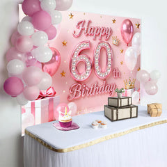 Lofaris Pink Balloons 60th Happy Birthday Backdrop, Gold Stars Crown Gifts Diamond Number Party Background