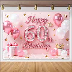 Lofaris Pink Balloons 60th Happy Birthday Backdrop, Gold Stars Crown Gifts Diamond Number Party Background
