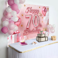 Lofaris Pink Balloons 70th Happy Birthday Backdrop, Gold Stars Crown Gifts Diamond Number Party Background