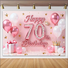 Lofaris Pink Balloons 70th Happy Birthday Backdrop, Gold Stars Crown Gifts Diamond Number Party Background
