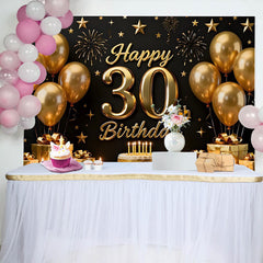 Lofaris Gold Balloons 30th Happy Birthday Backdrop, Black Background Cake Gifts Stars Party Photography Decor