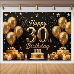Lofaris Gold Balloons 30th Happy Birthday Backdrop, Black Background Cake Gifts Stars Party Photography Decor