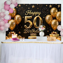 Lofaris Black and Gold Happy 50th Birthday Backdrop, Golden Balloons Stars Gifts Cake, Party Decoration Props