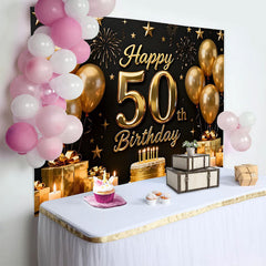 Lofaris Black and Gold Happy 50th Birthday Backdrop, Golden Balloons Stars Gifts Cake, Party Decoration Props