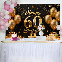 Lofaris Black and Gold Happy 60th Birthday Backdrop, Golden Balloons Stars Gifts Cake, Party Decoration Props