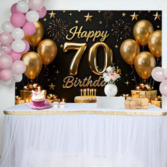 Lofaris Black and Gold Happy 70th Birthday Backdrop, Golden Balloons Stars Gifts Cake, Party Decoration Props