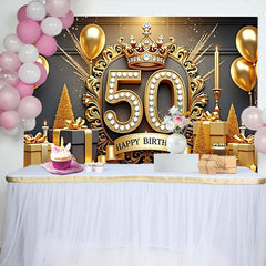 Lofaris Luxurious 50th Birthday Backdrop, Golden Crown Diamonds Gifts Candles, Black and Gold Party Decoration