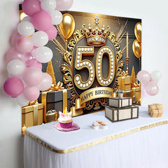 Lofaris Luxurious 50th Birthday Backdrop, Golden Crown Diamonds Gifts Candles, Black and Gold Party Decoration