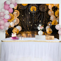 Lofaris Black and Gold Cake Smash Backdrop, Elegant String Lights and Paper Fans Photography Background for Birthday