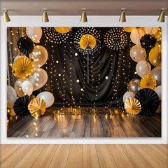 Lofaris Black and Gold Cake Smash Backdrop, Elegant String Lights and Paper Fans Photography Background for Birthday