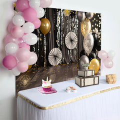 Lofaris Black Gold and Silver Cake Smash Backdrop, Sparkly Bokeh Lights and Balloons Birthday Photography Background