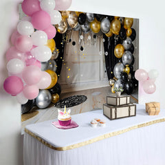 Lofaris Modern Metallic Balloon Arch Backdrop, Black Gold and Silver Cake Smash Background for First Birthday