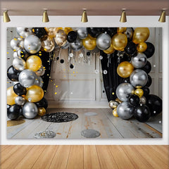 Lofaris Modern Metallic Balloon Arch Backdrop, Black Gold and Silver Cake Smash Background for First Birthday