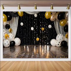 Lofaris Polka Dot Balloons and Silver Curtain Backdrop, Black and Gold Birthday Cake Smash Photography Background