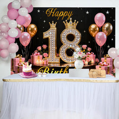 Lofaris Luxury 18th Happy Birthday Backdrop, Pink and Gold Diamonds Background with Crowns and Roses for Girls