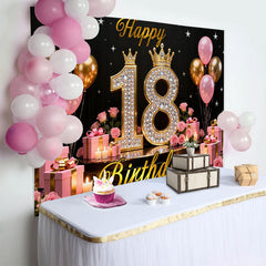 Lofaris Luxury 18th Happy Birthday Backdrop, Pink and Gold Diamonds Background with Crowns and Roses for Girls