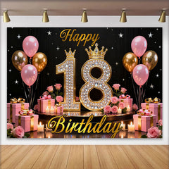 Lofaris Luxury 18th Happy Birthday Backdrop, Pink and Gold Diamonds Background with Crowns and Roses for Girls