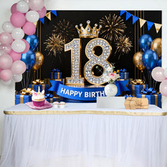 Lofaris Royal Blue and Gold 18th Birthday Backdrop, Diamond Numbers and Fireworks Background for Men and Boys