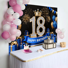 Lofaris Royal Blue and Gold 18th Birthday Backdrop, Diamond Numbers and Fireworks Background for Men and Boys