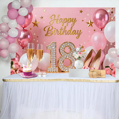 Lofaris Sweet 18th Happy Birthday Backdrop, Pink High Heels and Champagne Background, Diamond 18 Years Party Decor