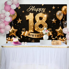 Lofaris Elegant Gold 18th Happy Birthday Backdrop, Golden Star Balloons and Gift Boxes Background, Milestone Decor