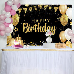 Lofaris Elegant Gold Happy Birthday Backdrop, 3-Tier Cake and Golden Gift Boxes Background, Gala Party Decor