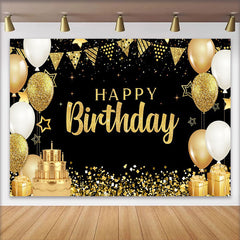 Lofaris Elegant Gold Happy Birthday Backdrop, 3-Tier Cake and Golden Gift Boxes Background, Gala Party Decor