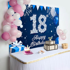 Lofaris Royal Blue and Silver 18th Birthday Backdrop, Diamond Numbers and Fireworks Background, Anniversary Decor