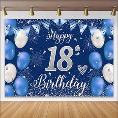 Lofaris Royal Blue and Silver 18th Birthday Backdrop, Silver Glitter Numbers and Fireworks Background, Party Banner