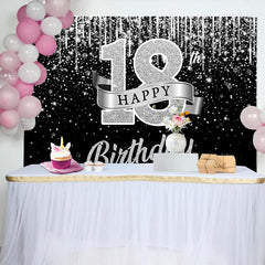 Lofaris Silver Glitter 18th Happy Birthday Backdrop, Shimmering Ribbon and Sparkle Background, Anniversary Decor