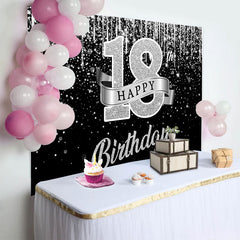 Lofaris Silver Glitter 18th Happy Birthday Backdrop, Shimmering Ribbon and Sparkle Background, Anniversary Decor