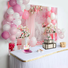 Lofaris Pink Floral Arch Cake Smash Backdrop, White Balloons and Drapes Background, Girls Birthday Party Decor