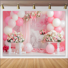 Lofaris Pink Floral Arch Cake Smash Backdrop, White Balloons and Drapes Background, Girls Birthday Party Decor