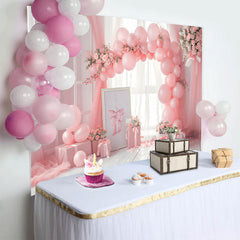 Lofaris Pink Balloon Arch and Gift Box Backdrop, Indoor Window View Photography Background, Cake Smash Decor