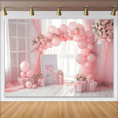 Lofaris Pink Balloon Arch and Gift Box Backdrop, Indoor Window View Photography Background, Cake Smash Decor