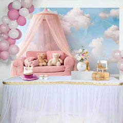 Lofaris Pink Canopy Sofa Teddy Bear Cake Smash Backdrop, Blue Sky White Clouds Baby Girl Photography Background