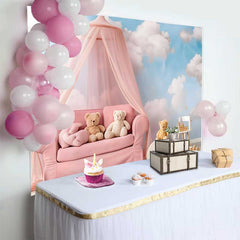 Lofaris Pink Canopy Sofa Teddy Bear Cake Smash Backdrop, Blue Sky White Clouds Baby Girl Photography Background