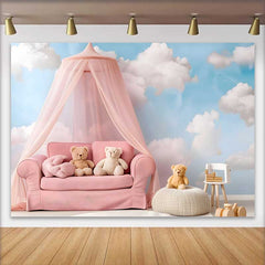 Lofaris Pink Canopy Sofa Teddy Bear Cake Smash Backdrop, Blue Sky White Clouds Baby Girl Photography Background
