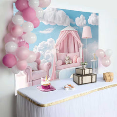 Lofaris Pink Armchair Canopy Bed Teddy Bear Backdrop, Blue Sky Clouds Baby Girl Cake Smash Background