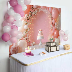 Lofaris Pink Balloon Floral Arch Wedding Backdrop, Romantic White Cake Fairy Lights Party Photography Background