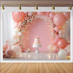 Lofaris Pink Balloon Floral Arch Wedding Backdrop, Romantic White Cake Fairy Lights Party Photography Background