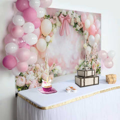 Lofaris Pink Balloon Bow Ribbon Wedding Backdrop, Watercolor Floral Bridal Shower Photography Background