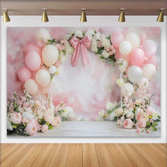 Lofaris Pink Balloon Bow Ribbon Wedding Backdrop, Watercolor Floral Bridal Shower Photography Background