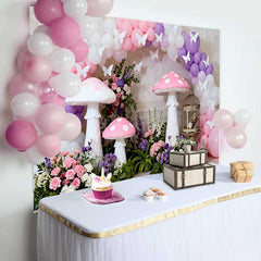 Lofaris Giant Pink Mushroom and Butterfly Spring Backdrop, Purple Balloon Arch Floral Girls Birthday Background